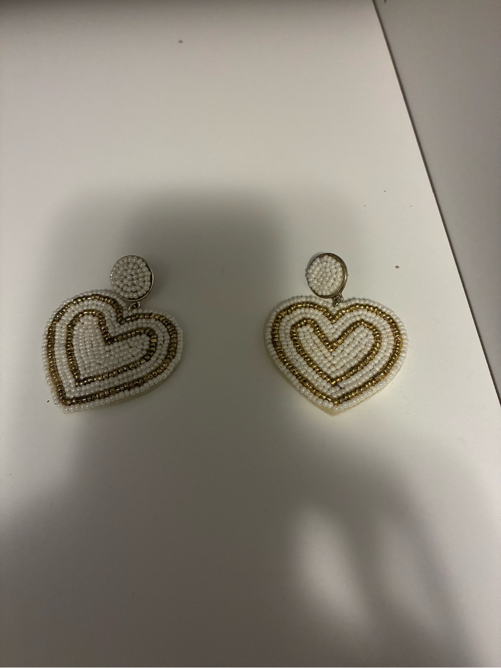 J. Crew White and Gold Beaded Heart Drop Earrings